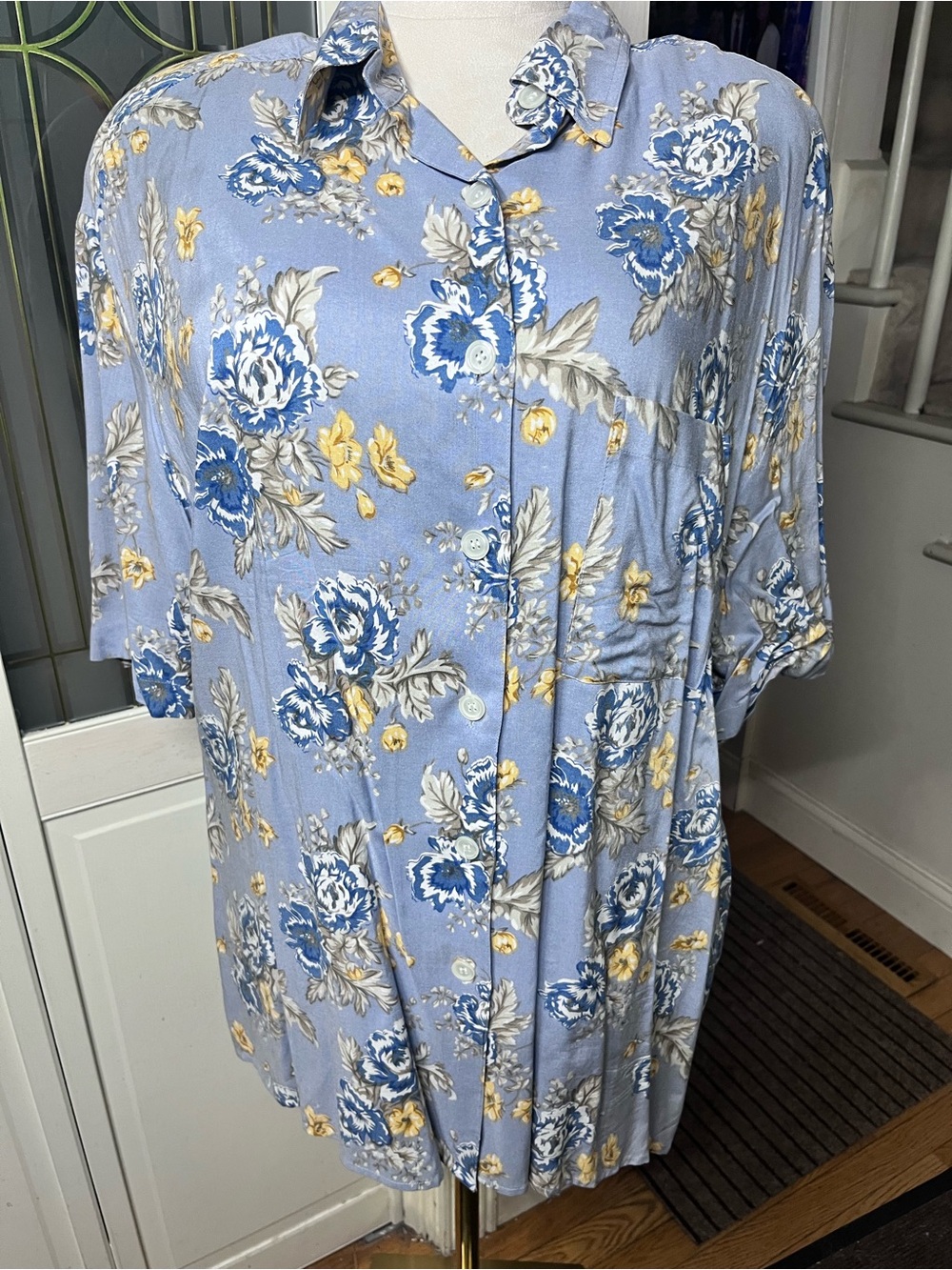 Vintage 90s SK Wear Woman Blue Floral Button Front Blouse 2X Plus Size